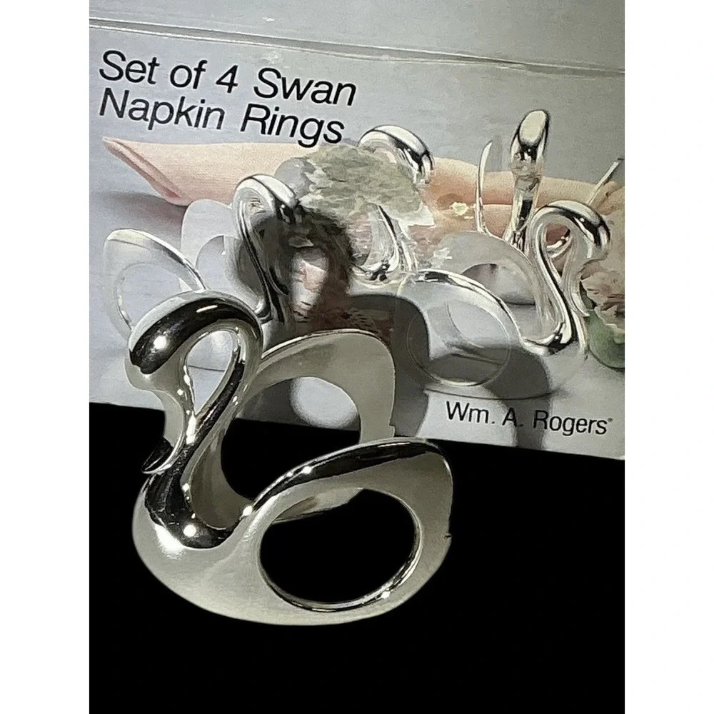 Wm A Rogers Silverplate Swan Napkin Rings MCM Set of 4 Holders New